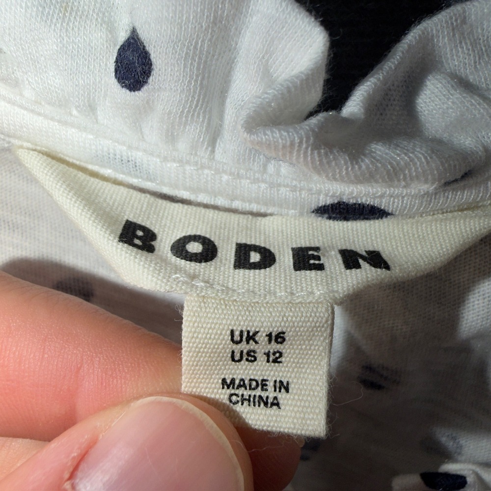 Boden Polka Dot Ruffle Neck Tie Blouse White Navy Blue Long Sleeve Top US 12 - Picture 2 of 6